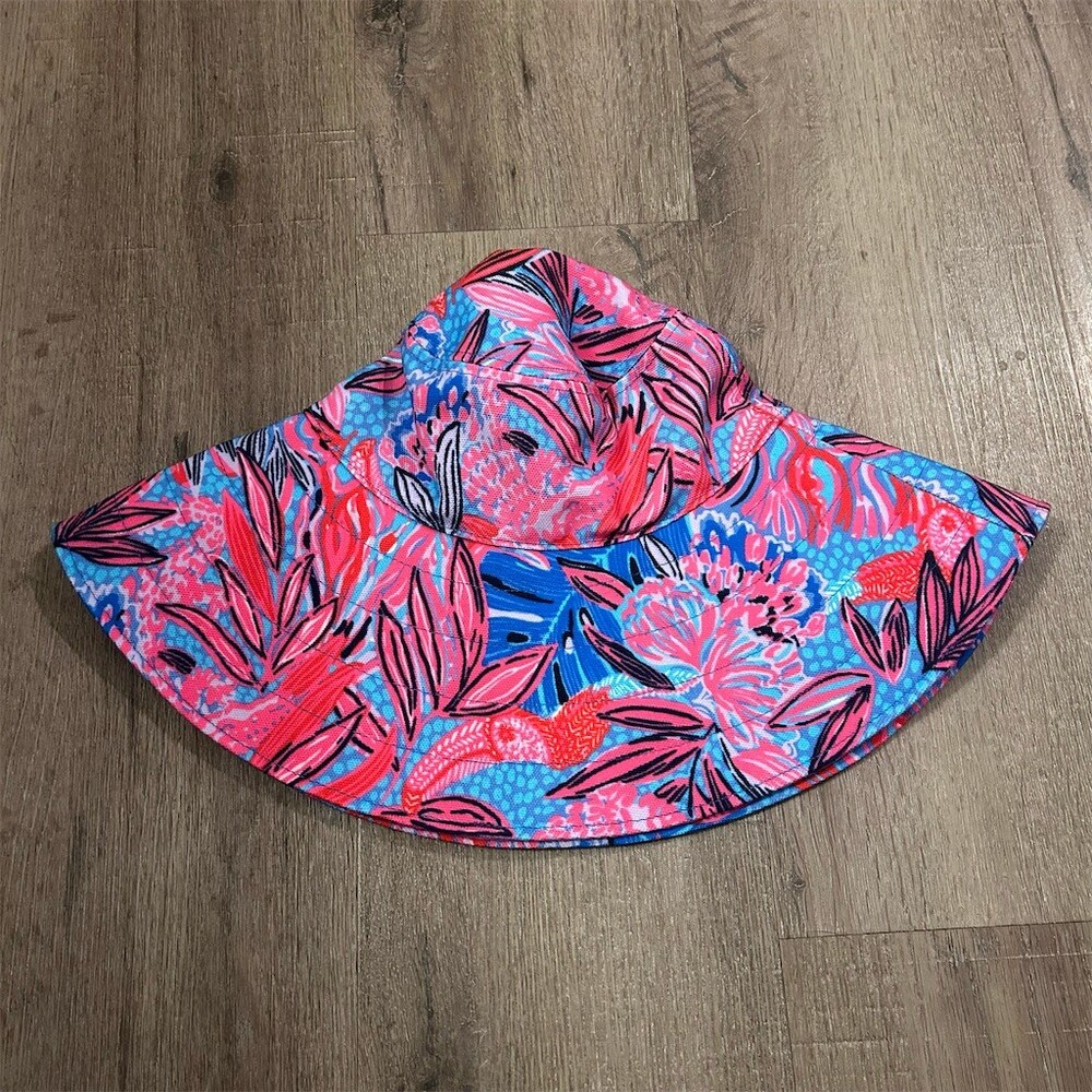 Lilly Pulitzer Wide Brim Sun Hat Womens One Size Pink Blue Tropical Floral